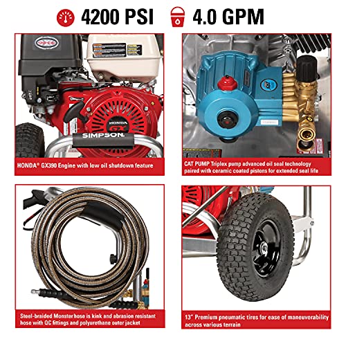 Simpson Cleaning ALH4240 Aluminum Series 4200 PSI Gas Pressure Washer, 4.0 GPM, HONDA GX390 Engine, Includes Spray Gun and Extension Wand, 5 QC Nozzle Tips, 3/8-inch x 50-foot Monster Hose, (49 State)