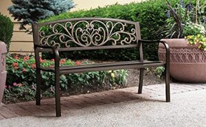 patio bench park bench, 50″ antique powder coated iron outdoor metal bench w/floral ivy design backrest, 400lbs cast iron anti-rust sturdy steel frame furniture for porch entryway lawn decor deck