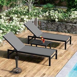 kozyard modern full flat alumium patio reclinging adustable chaise lounge with sunbathing textilence for all weather, 5 adjustable position, very light, anti-rusty (2 pack gray w/table)
