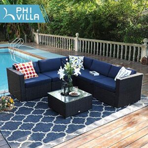 PHI VILLA Outdoor Rattan Sectional Sofa- Patio Wicker Furniture Set (6 Piece, Blue)