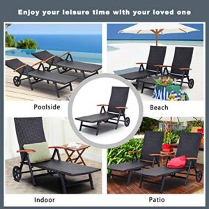 Tangkula Wicker Chaise Folding Back Adjustable Aluminum Rattan Lounger Recliner Chair W/Wheels (Mix Brown)