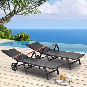 Tangkula Wicker Chaise Folding Back Adjustable Aluminum Rattan Lounger Recliner Chair W/Wheels (Mix Brown)