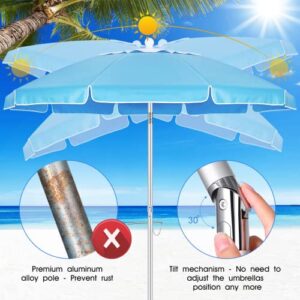 Portable Beach Umbrella for Sand: 7FT Arc Length 6.5FT Diameter Outdoor Umbrella with Anchor Heavy Duty and Adjustable Tilt Pole - UV 50+ Windproof Beach Umbrella with Carry Bag for Beach, Patio, Garden, Dark Blue Leaves