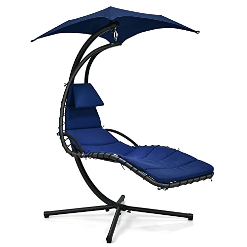 Giantex Hanging Chair Chaise Lounge Chair, Outside Hammock Chair with Stand, Patio Swinging Chair w/Detachable Cushion & Removable Canopy, Outdoors & Indoors(Navy)