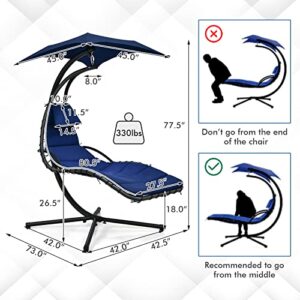 Giantex Hanging Chair Chaise Lounge Chair, Outside Hammock Chair with Stand, Patio Swinging Chair w/Detachable Cushion & Removable Canopy, Outdoors & Indoors(Navy)