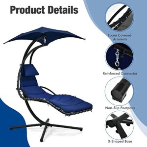 Giantex Hanging Chair Chaise Lounge Chair, Outside Hammock Chair with Stand, Patio Swinging Chair w/Detachable Cushion & Removable Canopy, Outdoors & Indoors(Navy)