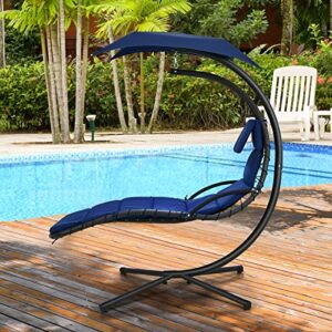 Giantex Hanging Chair Chaise Lounge Chair, Outside Hammock Chair with Stand, Patio Swinging Chair w/Detachable Cushion & Removable Canopy, Outdoors & Indoors(Navy)