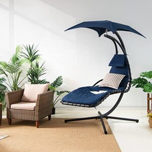 Giantex Hanging Chair Chaise Lounge Chair, Outside Hammock Chair with Stand, Patio Swinging Chair w/Detachable Cushion & Removable Canopy, Outdoors & Indoors(Navy)