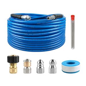 chavor pressure washer sewer jetter kit, 50 ft hydro drain jetter cleaner hose, button nozzle and rotating sewer jetting nozzle, orifice 4.0, 4.5, 1/4 inch npt, 3000 psi