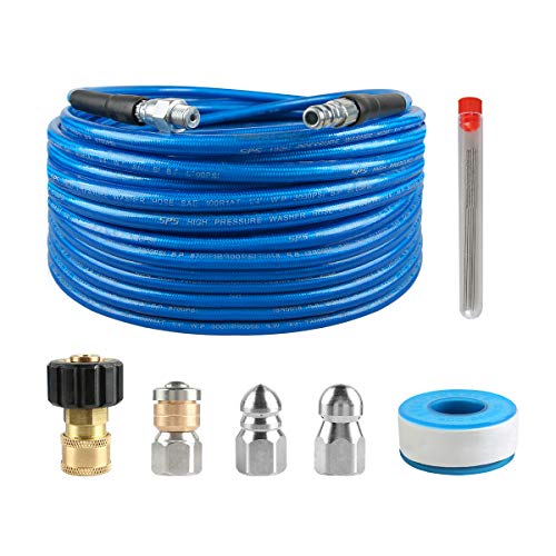 CHAVOR Pressure Washer Sewer Jetter Kit, 50 FT Hydro Drain Jetter Cleaner Hose, Button Nozzle and Rotating Sewer Jetting Nozzle, Orifice 4.0, 4.5, 1/4 inch NPT, 3000 PSI