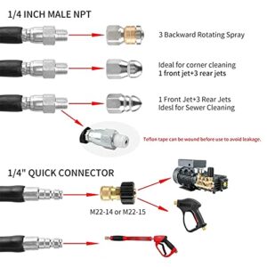 CHAVOR Pressure Washer Sewer Jetter Kit, 50 FT Hydro Drain Jetter Cleaner Hose, Button Nozzle and Rotating Sewer Jetting Nozzle, Orifice 4.0, 4.5, 1/4 inch NPT, 3000 PSI