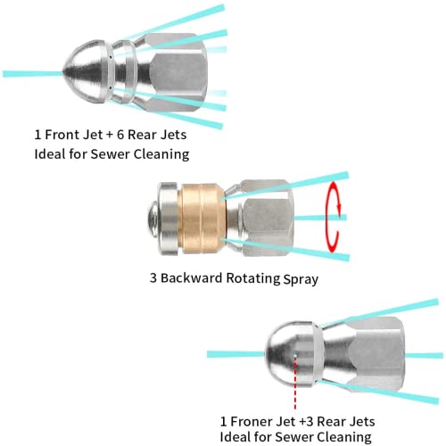 CHAVOR Pressure Washer Sewer Jetter Kit, 50 FT Hydro Drain Jetter Cleaner Hose, Button Nozzle and Rotating Sewer Jetting Nozzle, Orifice 4.0, 4.5, 1/4 inch NPT, 3000 PSI