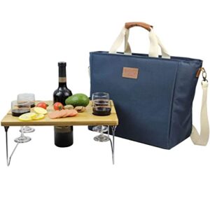 40l cooler bag, large insulated tote wine carrier bag for picnic lunch with portable bamboo wine snack table – best gift for father mother day