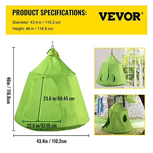 VEVOR Hanging Tree Tent, Max.440lbs Capacity, Tree Tent Swing Hangout Hugglepod with LED Rainbow Decoration Light Inflatable Cushion, Ceiling Hammock Tent for Kids & Adult Indoor Outdoor, Green