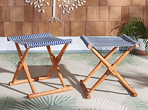 Safavieh PAT7053C-SET2 Outdoor Breanne Natural and Navy Striped (Set of 2) Stool