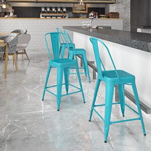 emma + oliver commercial grade 24″ h teal-blue metal indoor-outdoor counter stool w/ back