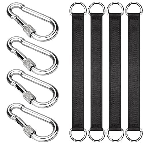 ISusser 4 PCS Black Tree Swing Straps Hanging Kit with 4 Carabiners, 24cm / 9.4inches Length Tree Swing Hanging Kit Holds 220 lbs Perfect for Tree Swing Hammocks