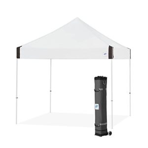 e-z up vantage instant shelter canopy, 10′ x 10′, white powder-coated steel frame with wide-trax roller bag & 4 piece spike set, white