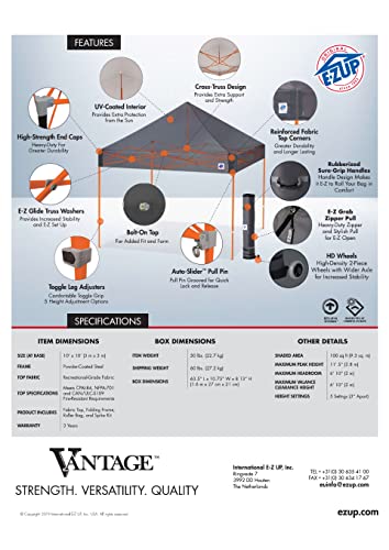 E-Z UP Vantage Instant Shelter Canopy, 10' x 10', White Powder-Coated Steel Frame with Wide-Trax Roller Bag & 4 Piece Spike Set, White