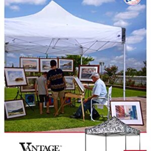 E-Z UP Vantage Instant Shelter Canopy, 10' x 10', White Powder-Coated Steel Frame with Wide-Trax Roller Bag & 4 Piece Spike Set, White