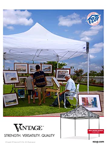 E-Z UP Vantage Instant Shelter Canopy, 10' x 10', White Powder-Coated Steel Frame with Wide-Trax Roller Bag & 4 Piece Spike Set, White