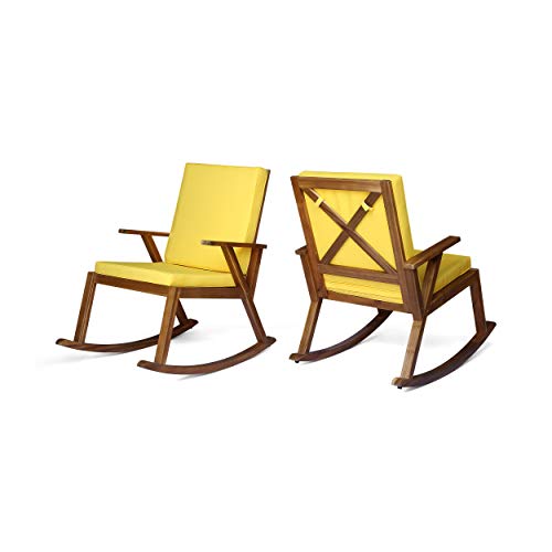 Champlain Outdoor Acacia Wood Rocking Chair with Water-Resistant Cushions (Set of 2), Teak and Yellow