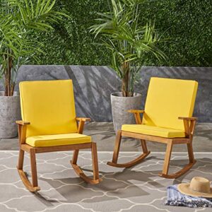Champlain Outdoor Acacia Wood Rocking Chair with Water-Resistant Cushions (Set of 2), Teak and Yellow