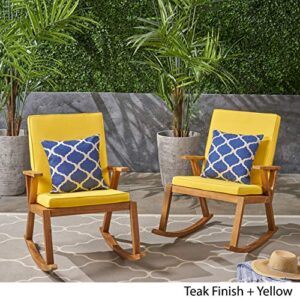 Champlain Outdoor Acacia Wood Rocking Chair with Water-Resistant Cushions (Set of 2), Teak and Yellow