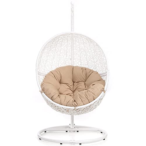 Zuri Furniture Modern Shore White Basket Swing Chair Khaki Cushion with Stand