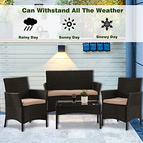 4 Pieces Patio Furniture Set Rattan Outside Furniture Wicker Sofa Garden Conversation Sets with Soft Cushion and Glass Table for Yard Pool or Backyard,Black