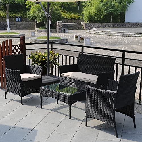 4 Pieces Patio Furniture Set Rattan Outside Furniture Wicker Sofa Garden Conversation Sets with Soft Cushion and Glass Table for Yard Pool or Backyard,Black
