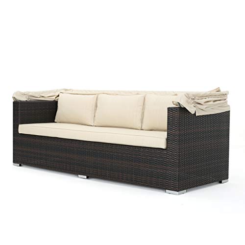 Christopher Knight Home Glaros Outdoor Aluminum Framed Wicker Sofa/Daybed with Water Resistant Canopy and Cushions, Multibrown / Beige