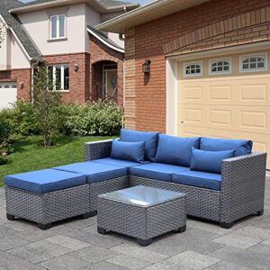 valita 4-piece outdoor rattan furniture set all-weather pe silver gray wicker sofa patio sectional conversation garden couch with aegean blue cushion