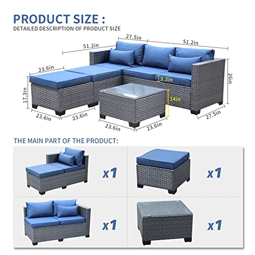 Valita 4-Piece Outdoor Rattan Furniture Set All-Weather PE Silver Gray Wicker Sofa Patio Sectional Conversation Garden Couch with Aegean Blue Cushion