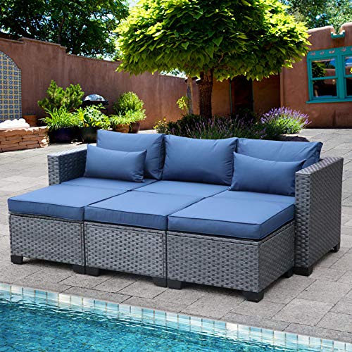 Valita 4-Piece Outdoor Rattan Furniture Set All-Weather PE Silver Gray Wicker Sofa Patio Sectional Conversation Garden Couch with Aegean Blue Cushion
