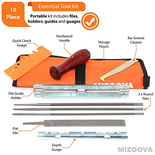 MIZOOVA 10 Piece Chainsaw Sharpener File Kit with 5/32 3/16 7/32 Round Files, 6 Inch Flat File, Depth Gauge, Filing Guide Holder, Hardwood Handle