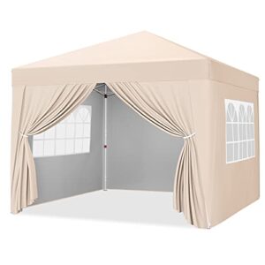 yaheetech 10×10 pop up canopy with 4 removable sidewalls, portable enclosed instant tent, waterproof outdoor tent, beach sun shelter with 4 sandbags, 8 stakes & 4 ropes, beige