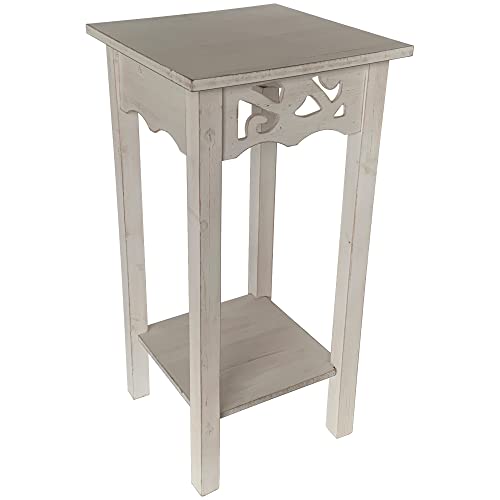 eHemco Plant Decorating Stand End Table Side Table with Storage Shelf, 11.8 by 11.8 by 23.7 Inches, Antique Water Washed Off-White