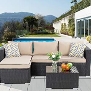 Shintenchi Outdoor Wicker Patio Sofa Set, Black All-Weather Rattan Small Sectional Patio Set and Chaise Lounge w/ Glass Table and Washable Couch Cushions Patio Conversation Set (3 Piece,Brown/Black)