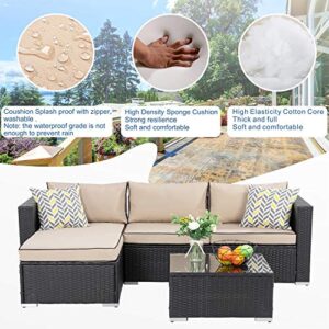 Shintenchi Outdoor Wicker Patio Sofa Set, Black All-Weather Rattan Small Sectional Patio Set and Chaise Lounge w/ Glass Table and Washable Couch Cushions Patio Conversation Set (3 Piece,Brown/Black)
