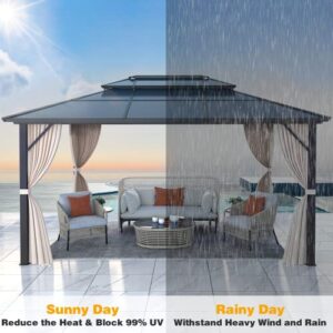 MELLCOM 10 x 13ft Hardtop Gazebo, Polycarbonate Double Roof Aluminum Gazebo, Outdoor Waterproof Canopy Gazebo with Netting and Curtains for Backyard, Deck, Patio