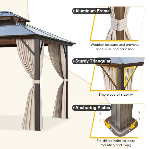 MELLCOM 10 x 13ft Hardtop Gazebo, Polycarbonate Double Roof Aluminum Gazebo, Outdoor Waterproof Canopy Gazebo with Netting and Curtains for Backyard, Deck, Patio