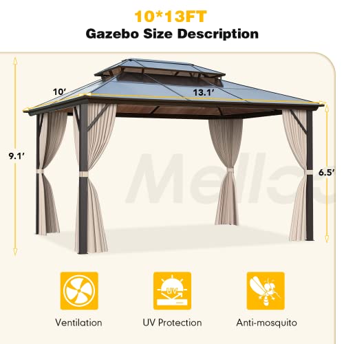 MELLCOM 10 x 13ft Hardtop Gazebo, Polycarbonate Double Roof Aluminum Gazebo, Outdoor Waterproof Canopy Gazebo with Netting and Curtains for Backyard, Deck, Patio