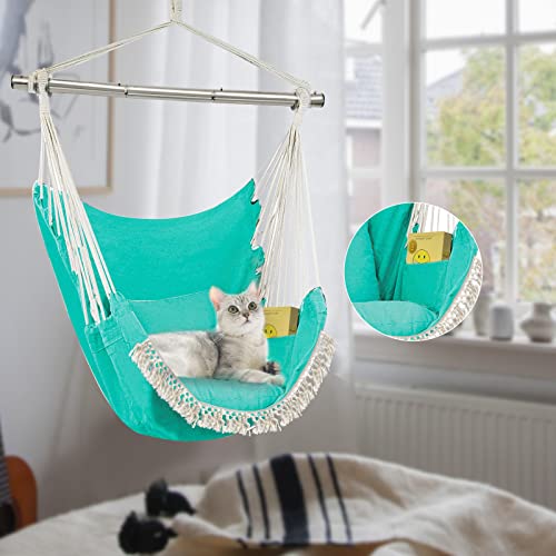 Hammock Swing Chair, Hanging Chair with Pocket, Detachable Steel Support Bar, 500lbs Capacity, Cotton Weave Hammock Chair, 2 Soft Cushions Indoor and Outdoor Green