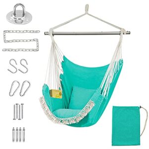 Hammock Swing Chair, Hanging Chair with Pocket, Detachable Steel Support Bar, 500lbs Capacity, Cotton Weave Hammock Chair, 2 Soft Cushions Indoor and Outdoor Green