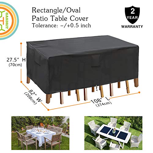 GARDRIT Patio Furniture Covers, Veranda Rectangular/Oval 100% Waterproof Patio Table Cover, 108’’L x 82’’W x 27.5’’H Heavy Duty 600D Outdoor Furniture Set Covers, Black