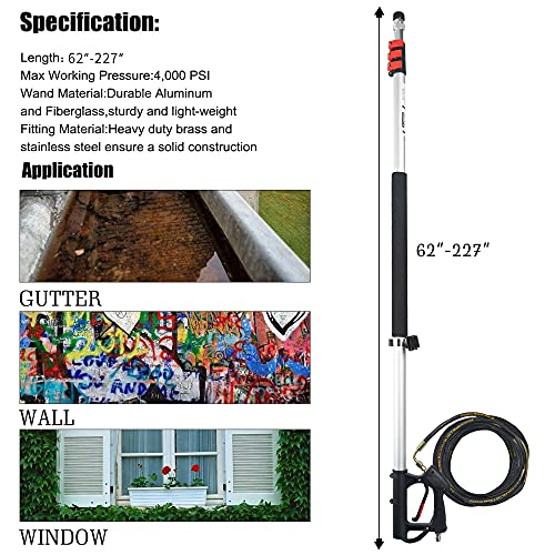 Xiny Tool 19 FT Pressure Washer Telescoping Extension Wand 4000 PSI, Maximum Telescoping Length of 19 Ft including 2 x 1/4 inch Wands, 2 Adapters, 5 Nozzle Tips and Belt for Pressure Washers