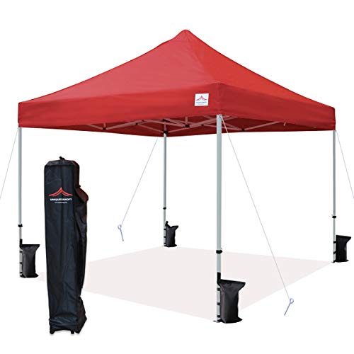 UNIQUECANOPY 10'x10' Ez Pop Up Canopy Tent Commercial Instant Shelter with Heavy Duty Roller Bag, 4 Canopy Sand Bags, 10x10 FT Red