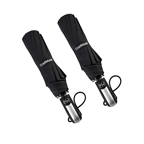 TradMall 2 Pack Travel Umbrella Windproof 46 Inches Large Canopy Reinforced Fiberglass Ribs Auto Open & Close, Black