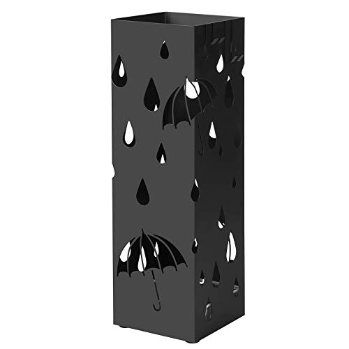 SONGMICS Metal Umbrella Stand, Square Umbrella Holder with Water Tray and Hooks, 6.1 x 6.1 x 19.3 Inches, Black ULUC49B